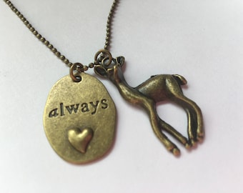 After all this time? Always. Snape Quote Jewelry - Harry Potter - Lily - Doe Patronus Antique Brass Charm Necklace