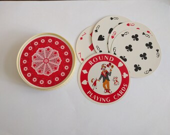 Vintage round playing cards poker standard deck circle complete game red white pink floral flowers