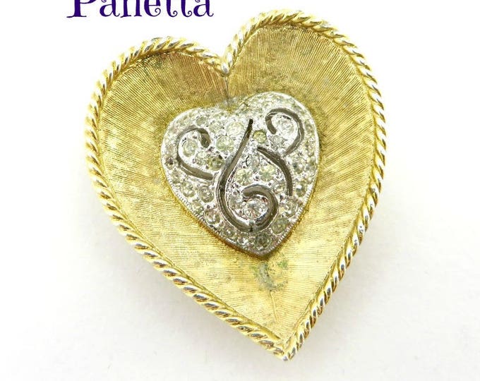PANETTA Heart Brooch, Vintage Gold Tone Pave Rhinestone Heart Pin, Designer Jewelry, Valentine's Day Gift