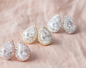 Cubic Zirconia Teardrop Studs - Pear Shaped cz Posts - Cubic Zirconia Bridesmaid Post Earrings - CZ Pear Shaped - BZ5, BZ6, BZ7