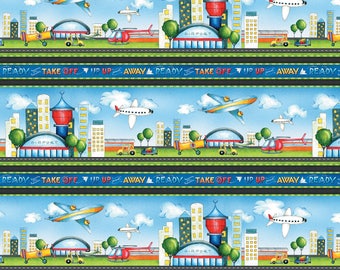 Airplane Fabric, Airport Fabric, Ready for Takeoff, Renae Lindgren, Wilmington Fabric - Border Stripe 65183 479 - Priced by the half yard