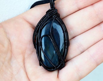 Blue Tigers Eye Wire Wrapped Pendant/Black Wire Mens Necklace/Mens Birthday Gift/Mens Anniversary Gift/Father's Day Gift