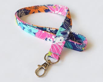 Tropical Floral Lanyard / Bright Flowers / Cute Keychain / Colorful Lanyard / Key Lanyard / ID Badge Holder / Fabric Lanyard / Summer