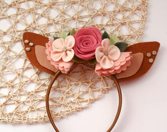 Floral Fawn Headband, Fawn Ears, Deer Headband, Woodland Headband, Woodland Deer,Floral Crown