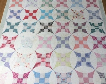 Antique Improved Nine Patch Patchwork Quilt Vintage Farmhouse Country Living Fixer Upper Style Feedsack Fabric Hand Quilted Rustic Primitive