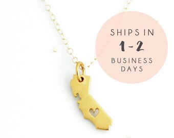 Gold California Necklace, California Necklace w/ Heart, California State Necklace, State Necklace, I Heart California