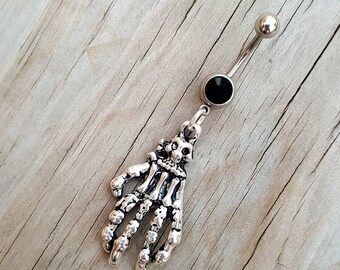 Skeleton Hand Belly Button Ring, Skull Navel Ring, Halloween Belly Button Jewelry, Navel Piercing, Body Jewelry, Gothic Punk,Curved Barbell.