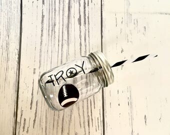 Kids Glass Mason Jar cup, Personalized Kid Cup, Kid Mason Jar Tumbler, Ring Bearer Gift, Basketball Player Gift, Football Player Gift, Party