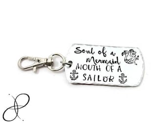 Soul of a Mermaid Mouth of a Sailor Hand Stamped Keychain, Humor Gift, Trending Quote, Snarky, Funny, Swear Girl, Cuss, Quotes & Saying