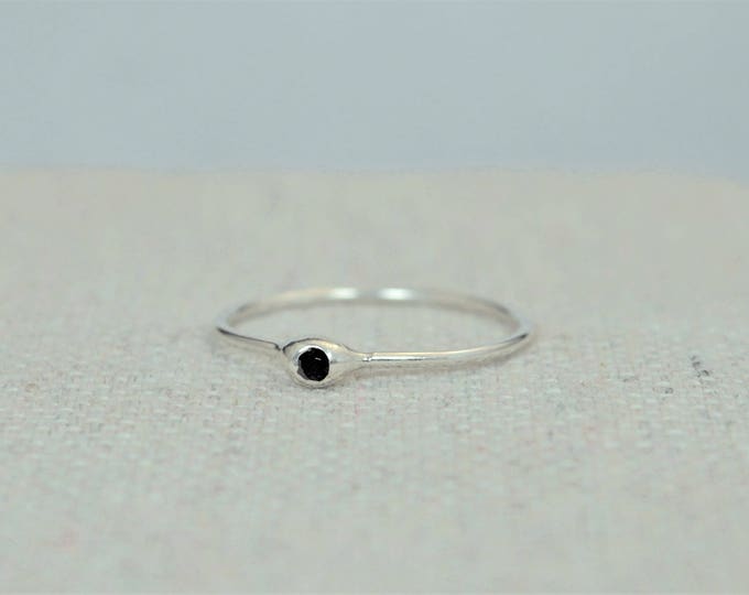 Dainty Silver Black Spinel Mothers Ring, Black Spinel, Tiny Spinel Ring, Dew Drop Ring, Sterling Silver, Stacking Ring, Birthday Gift