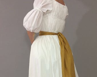 Chemise à la reine. Fine white Cambric shirt dress. Mustard silk waistband. Marie Antoinette Dress