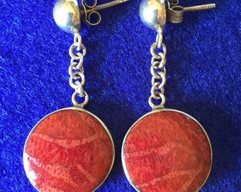 Vintage 1960s Scandinavian Red Sponge Coral & 925 Silver Round Earrings