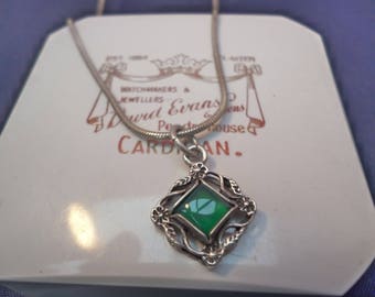 Art nouveau vintage green pendant necklace - 925 - sterling silver - 1" pendant - 19" necklace
