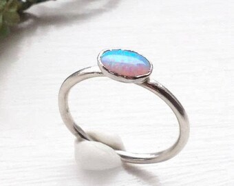 Opal Stacking Ring-Opal silver stacking ring-oval opal stacking ring-sterling silver opal ring-Dainty Opal Ring-Stackable Opal Ring-October