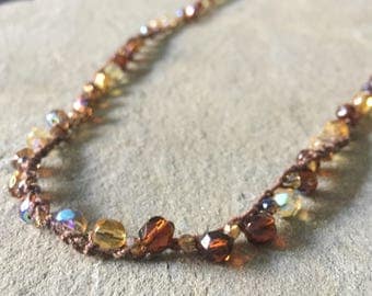 Czech Glass Crochet Necklace / Gift for Women / Mother's Day / Amber Medley / Brown / Faceted