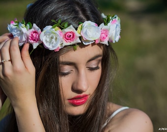 Rose floral wreath Floral girl halo Adult flower crown Pink hair wreath Summer wreath Woman head piece Flower head wreath Hair accessory