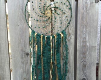green and gold dreamcatcher, 12 inch hoop, MADE TO ORDER, malachite chips, healing crystals, green vintage lace, gold ribbon, bohemian decor