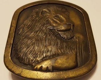 Vintage Heavy Lion Head Belt Buckle Brass Tone Indiana Metal Craft 1976