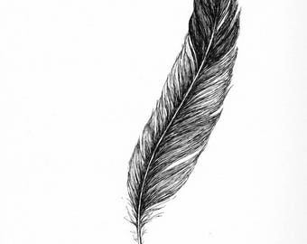 Original ink feather drawing messy black feather