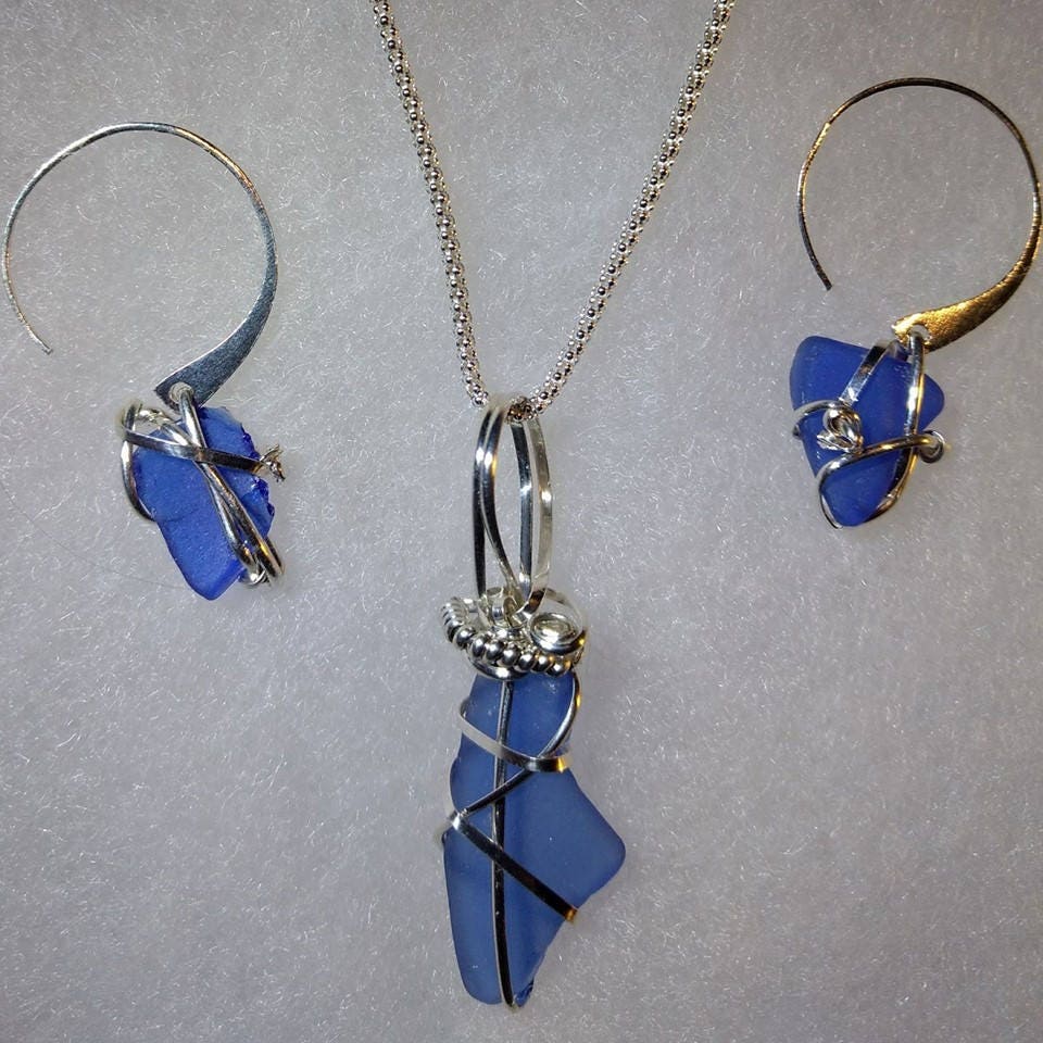 Vintage Maine Sea glass Jewelry Set / Cobalt / Sterling