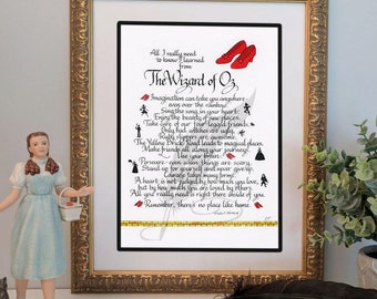 WIZARD OF OZ, All I need to know I learned from, digital download printable calligraphy art print, Dorothy, Scarecrow, Tin Man, Lion