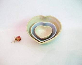 Nesting Heart Bowls - Set of 3, Handmade, Cream and Baby Blue -- 5 inch Diameter - Mothers Day/ All Occasion Gift - Ready to Ship