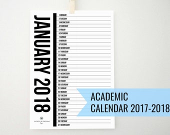 ACADEMIC 2018 Printable Monthly Vertical Calendar, Wall Calendar, College Calendar, 2018 Planner, Organizer, Notepad, Diary, School, PDF