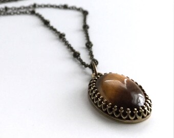 Tiger's Eye Necklace, Oval Natural Stone Pendant, Long Thin Antique Brass Chain, Golden Brown Natural Stones, Brown Gemstone Jewelry