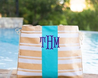 Monogrammed Beach Bag | Jute Tote Bag | Monogrammed Pool Bag | Monogrammed Tote | Gift for Her | Bridesmaid Gift | Gold Striped Tote