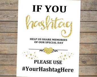 If You Hashtag Wedding Sign, Hashtag Printable Wedding Art, Gold or Silver Wedding Decor, Printable Gold Glitter Effect Hashtag Sign, DIY