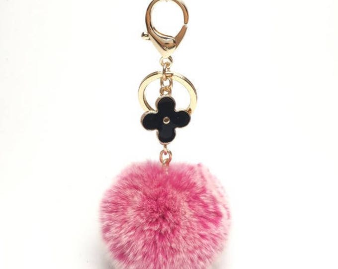 Hot pink Frost fur pom pom keychain REX Rabbit fur pom pom ball with flower bag charm
