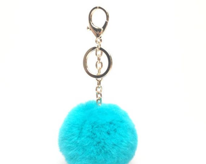 Aqua Blue Fur pom pom keychain fur puff ball bag pendant charm