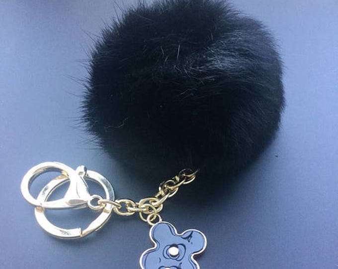 Black Cute Genuine Rabbit fluffy ball furkey fur ball pom pom keychain for car key ring Bag Pendant