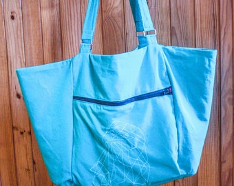 Large Crossbody bag in turquoise cotton "Eagle ice"