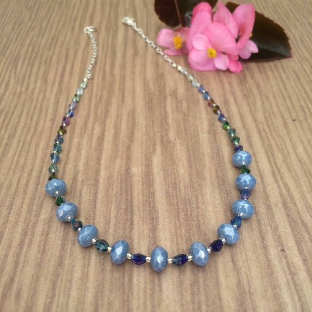 Blue Czech Bead Necklace Blue Glass Bead Necklace Colorful 