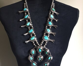 260 Gr. Huge Vintage Navajo Turquoise Sterling Silver Squash Blossom Necklace
