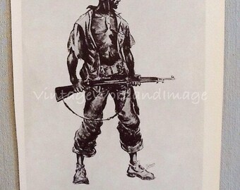 1943 WWII Marine Art Print Vintage Lithograph Guadalcanal USMC Military Combat Battle Field Book Plate Soldier History Pacific Theater
