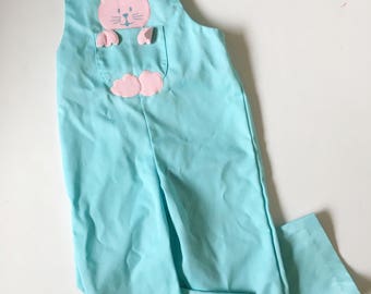 Vintage Aqua Cat Overalls Girls Sz 3T 4T