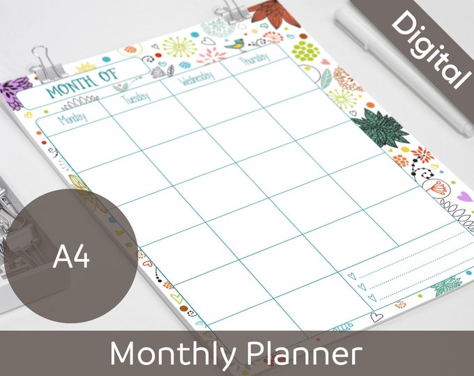 A4 Monthly Planner Printable, 2 Page Undated Monthly, Monthly refill, Syasia Cute Floral Day Organizer, DIY Planner PDF Instant Download