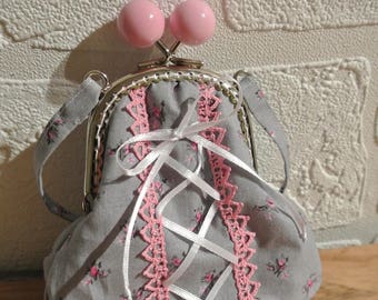 Porte monnaie style "Corset" rétro gris et rose fermoir argent