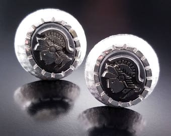 Vintage Swank Cufflinks Black Glass Intaglio Silver Roman Soldier Estate Jewelry
