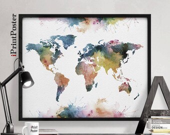 World map art, large world map print, world map, world map watercolour, world map poster, travel gift, wall art, Home Decor, iPrintPoster