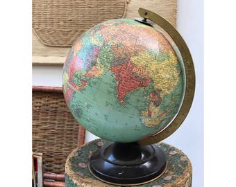 Vintage Tin Globe -- Vintage 10" Globe -- Replogle Globe -- Tin Replogle Globe -- Vintage Small Globe -- Vintage Kids Room