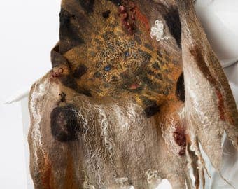 Leopard shawl / Wool and silk / Nuno felting / Handmade felted scarf / Merino wool / Nuno felt shawl / Free shipping.