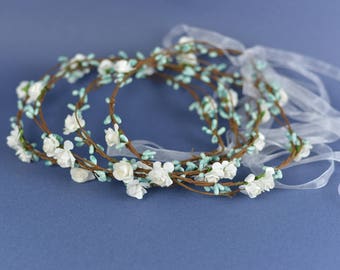 Handmade Hair FLOWERS CROWN, wreaths pastoral hair bands with leafs and berries, for party, babyshower, baptism or WEDDING, Pink or Blue