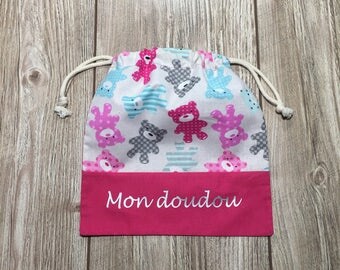 Cuddly, my toy bag. Small pink bears and gris.ecriture silver.