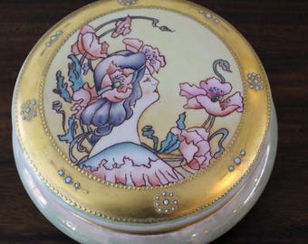 LARGE Antique 1909 Limoges Round Dresser Box Lady with Flowers