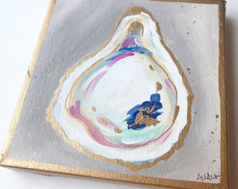 ORIGINAL Oyster Shell PAINTING on deep Canvas, Acrylic Gold Leaf, Original Art, Beach Nautical Gift, Audrastyle Impressionism Abstract Mini