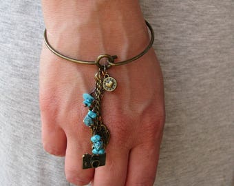 Bangle bracelet Turquoise bracelet Charm bracelet Bronze Drop Dangle bracelet Wire Heart Camera Butterfly bracelet Sister Girlfriend gift