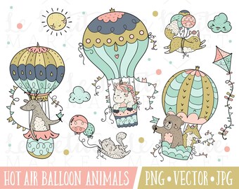 Hot Air Balloon Clipart, Woodland Animals in Hot Air Balloons, Unicorn Nursery Clipart, Unicorn in Hot Air Balloon, Fox Bear Deer Cat PNG